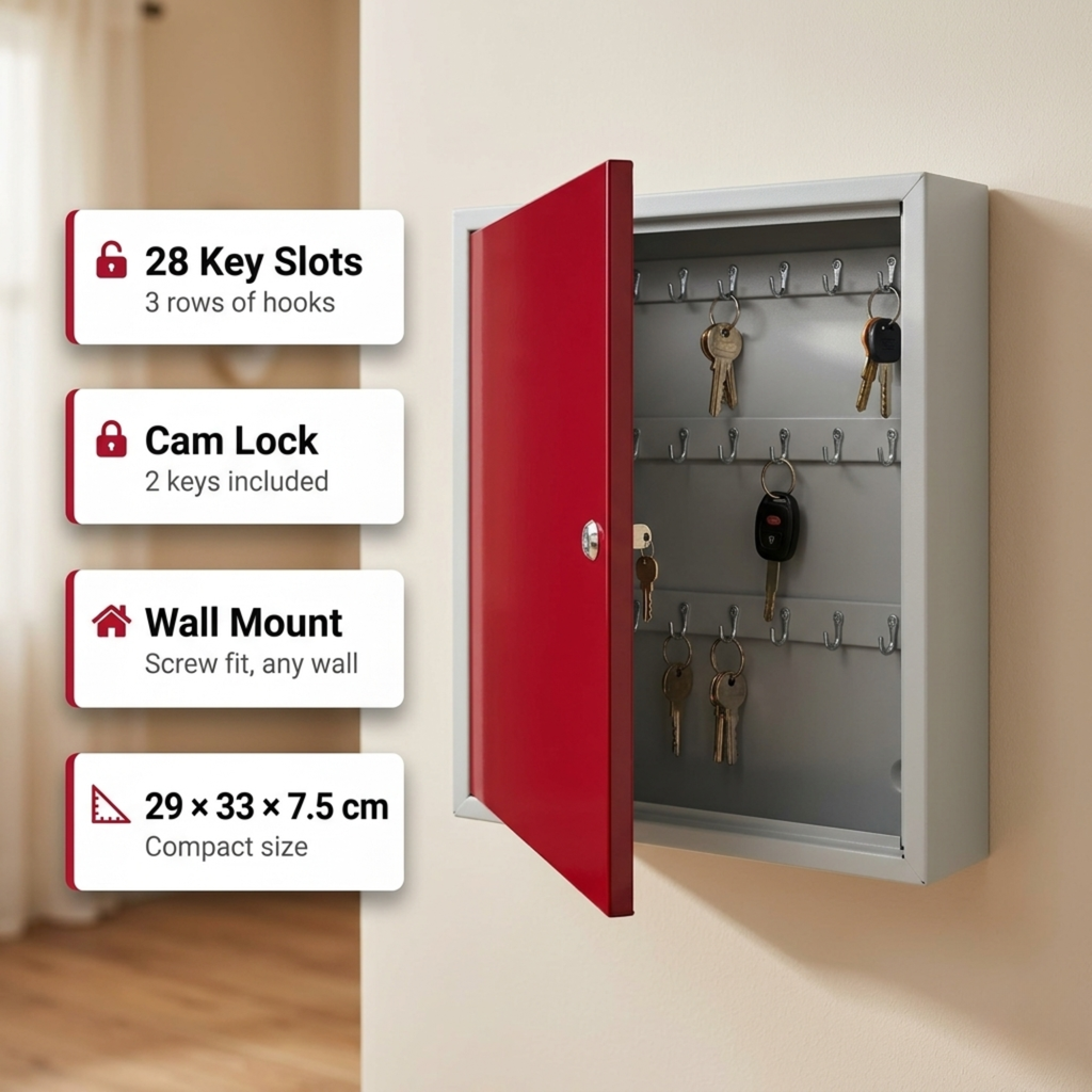 Metal Key Cabinet with 28 Hook Slots & Cam Lock | Wall Mount Key Management Box for Home & Office