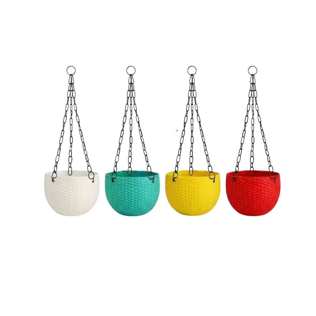 Plastic Hanging Planters with Metal Chain, Multicolor, UV-Stabilised, Rattan-Style Finish, Set of 5
