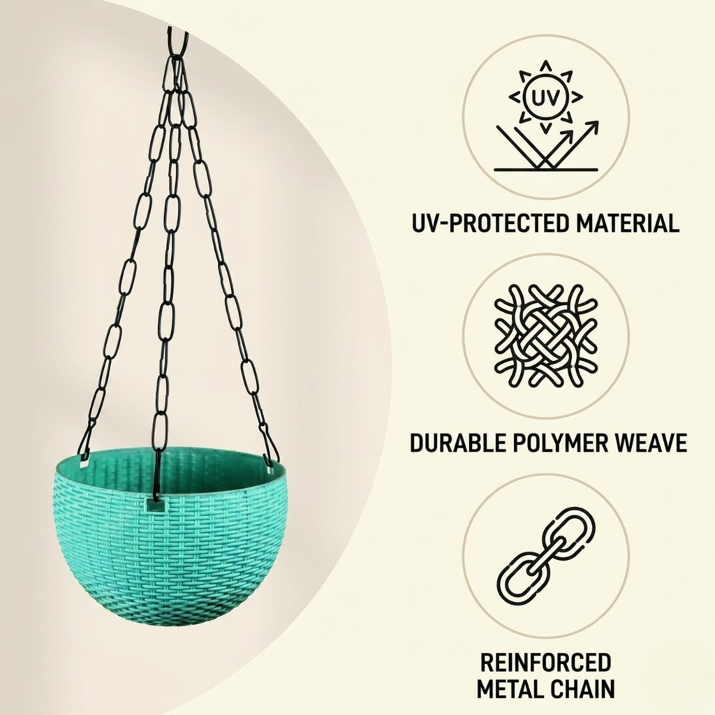 Plastic Hanging Planters with Metal Chain, Multicolor, UV-Stabilised, Rattan-Style Finish, Set of 5