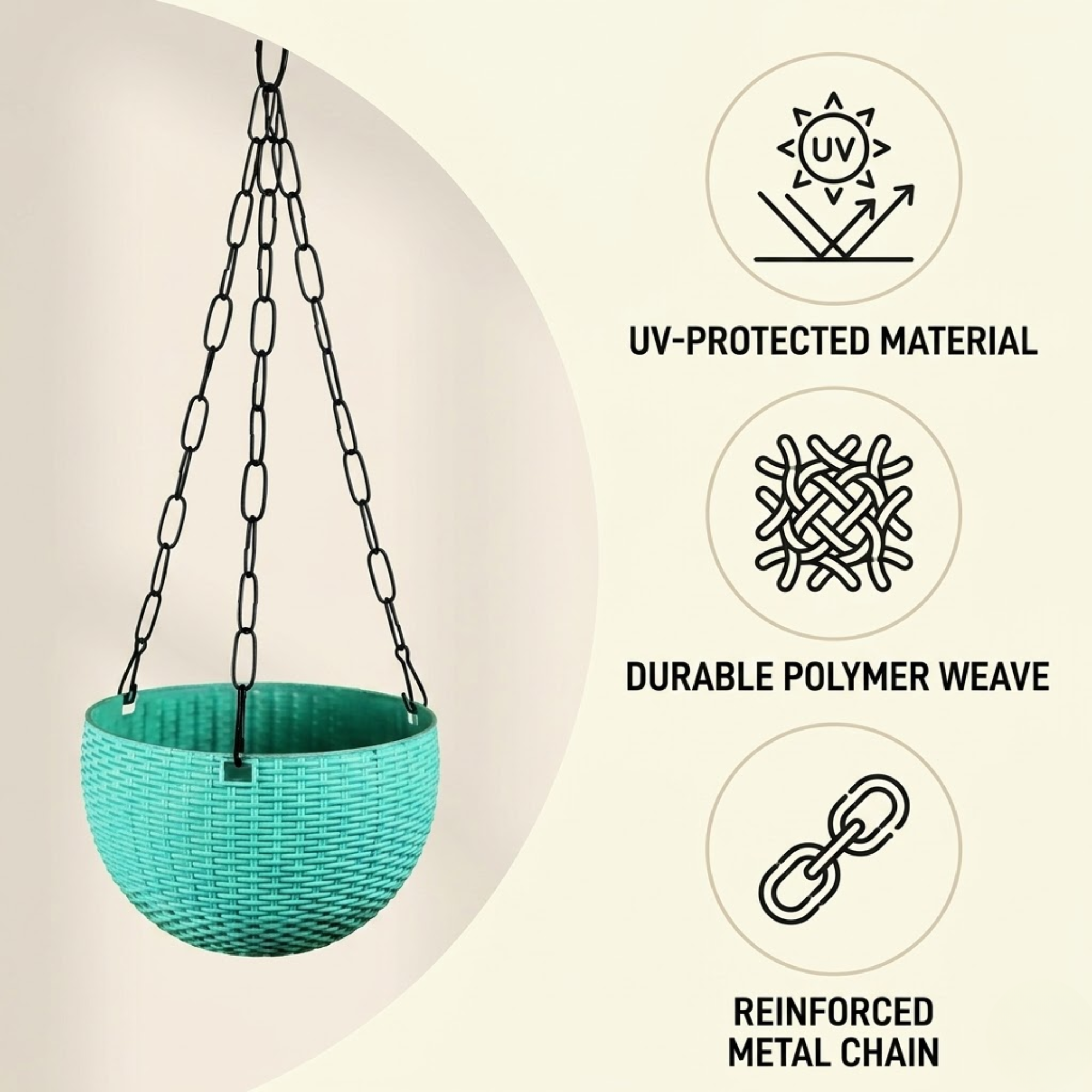 Plastic Hanging Planters with Metal Chain, Multicolor, UV-Stabilised, Rattan-Style Finish, Set of 5