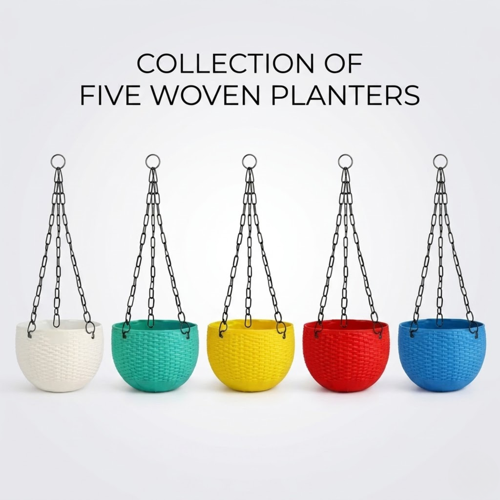 Plastic Hanging Planters with Metal Chain, Multicolor, UV-Stabilised, Rattan-Style Finish, Set of 5