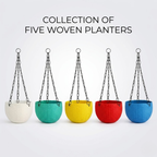 Plastic Hanging Planters with Metal Chain, Multicolor, UV-Stabilised, Rattan-Style Finish, Set of 5