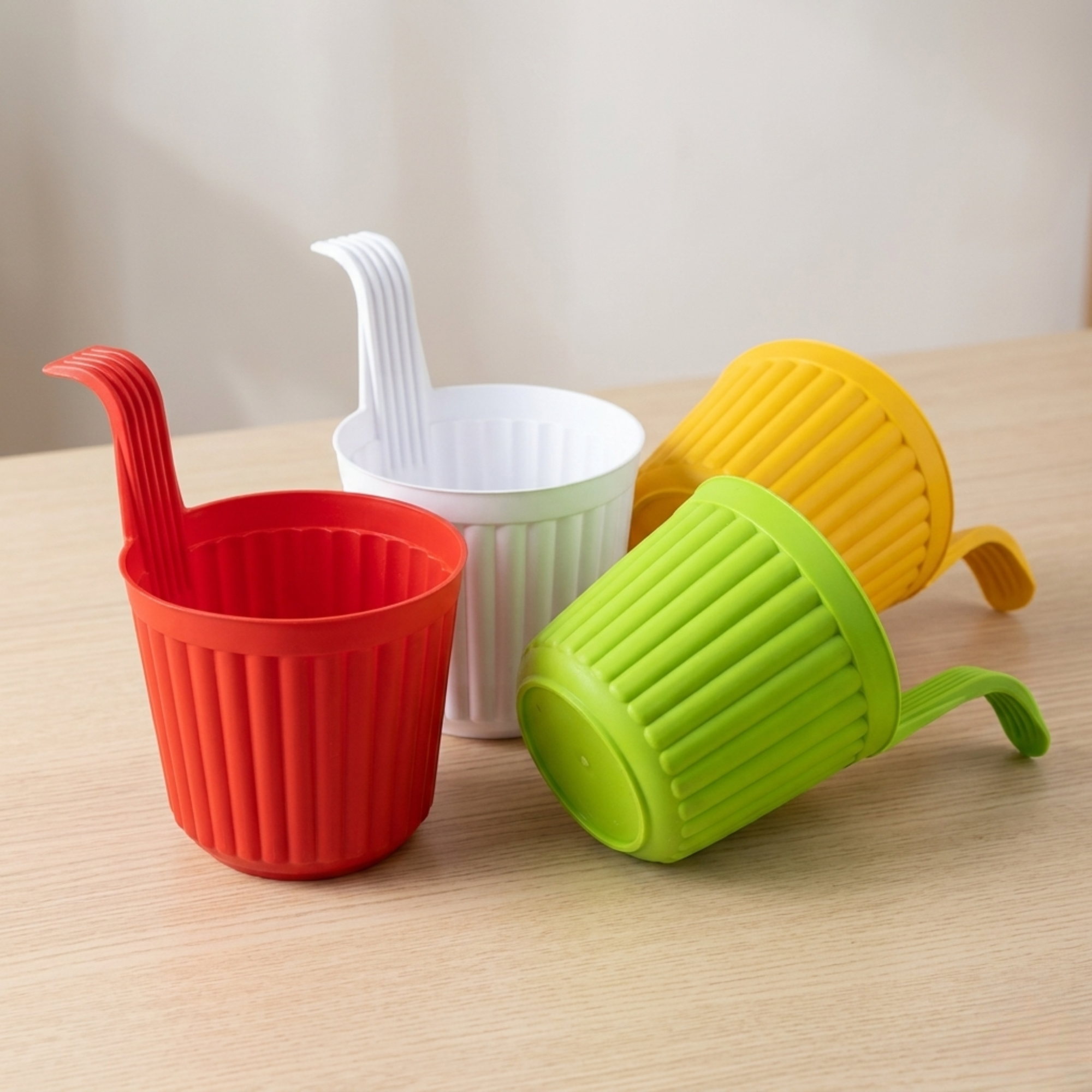 Modern Decorative Hanging Planter, Multicolor, Plastic, Ribbed Style, Indoor Garden, Set of 4