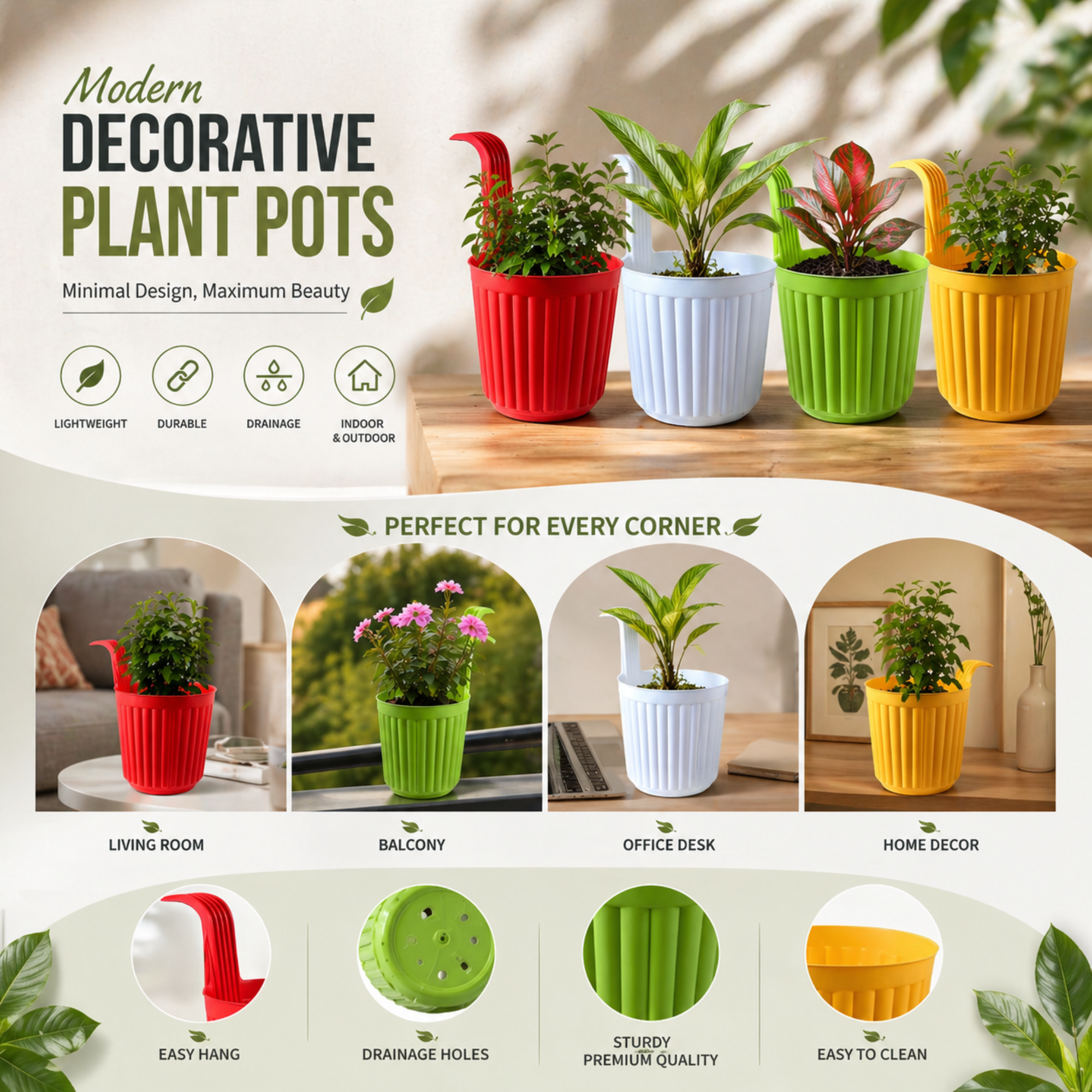 Modern Decorative Hanging Planter, Multicolor, Plastic, Ribbed Style, Indoor Garden, Set of 4