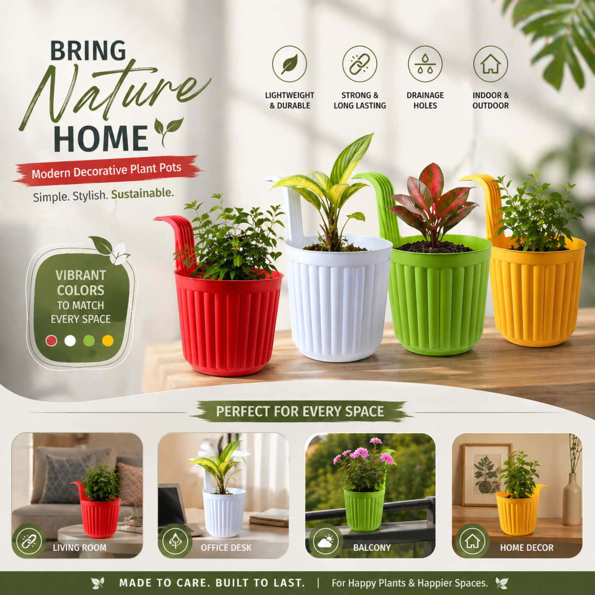 Modern Decorative Hanging Planter, Multicolor, Plastic, Ribbed Style, Indoor Garden, Set of 4