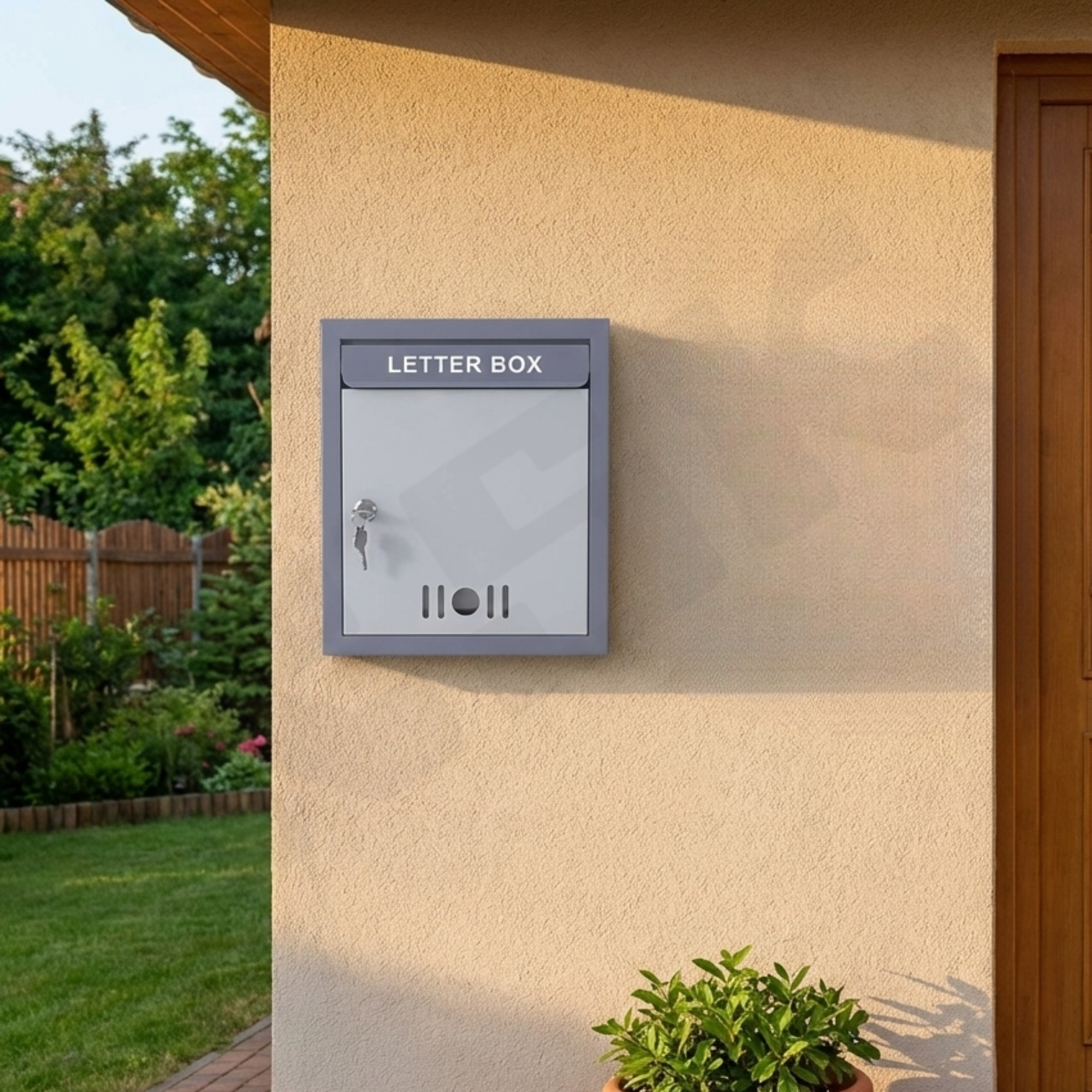 Gray letter box on a beige wall with a garden and wooden fence in the background